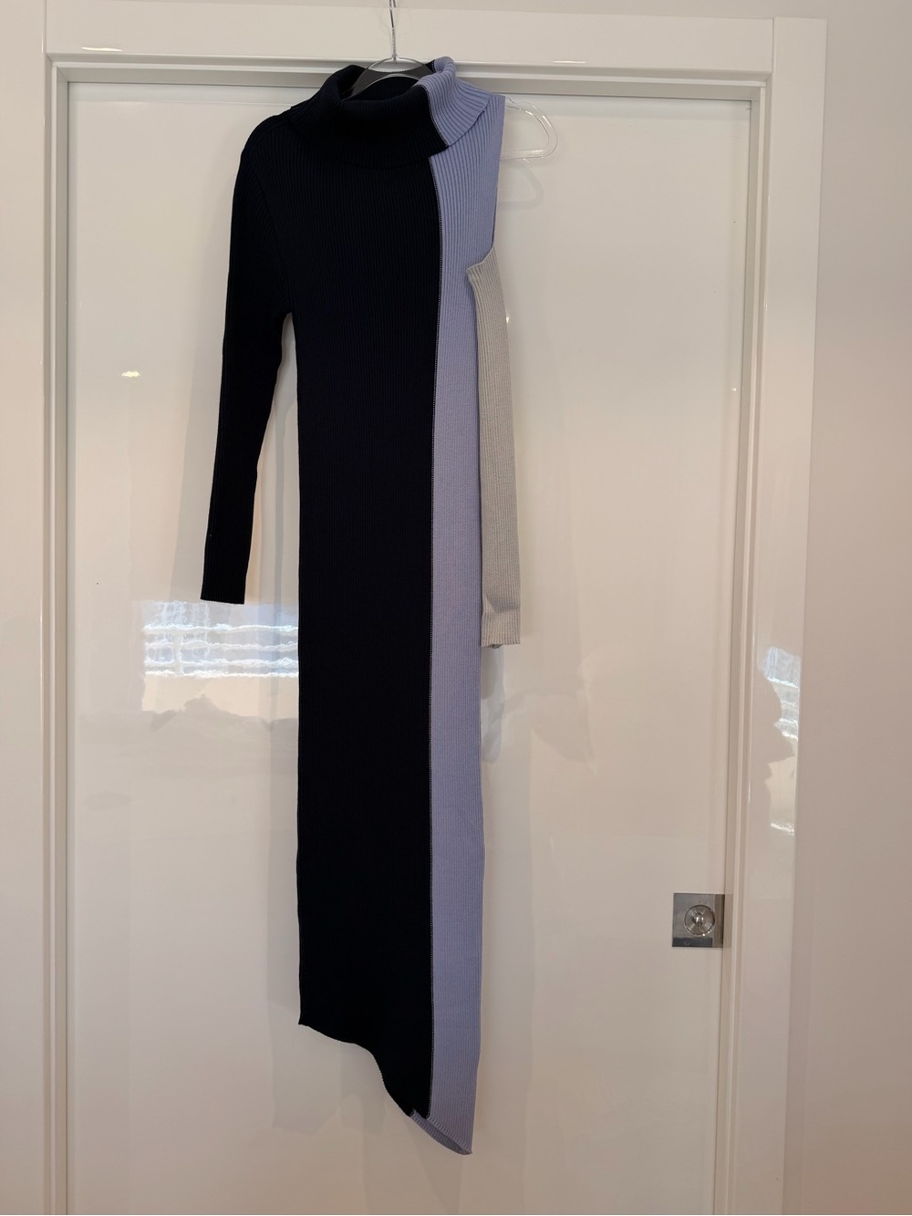 Colorblock Ribbed Turtleneck Knit Dress in Black, Lavender, and Gray